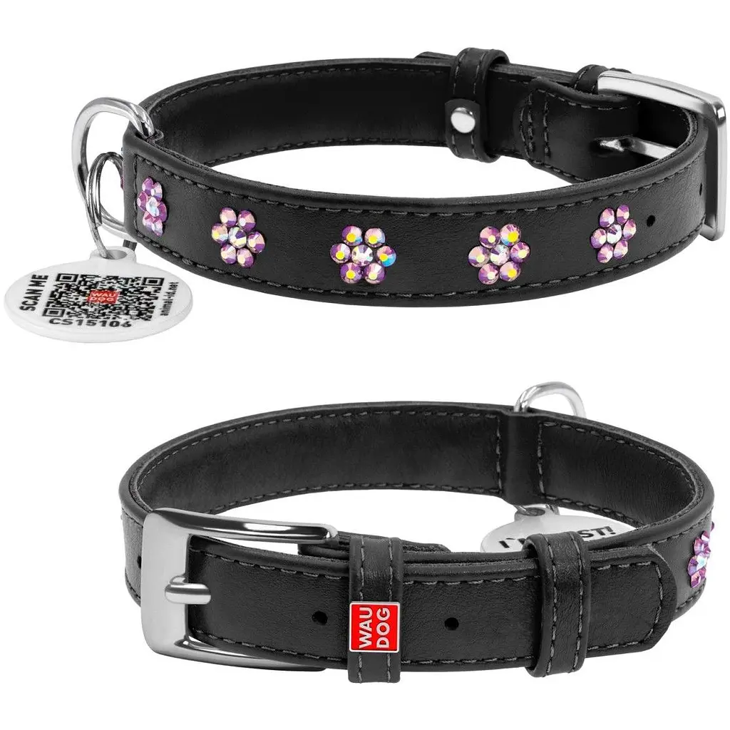 Ошейник для собак Waudog Glamour со стразами Цветочек, кожаный, с QR паспортом, L, 30-39х2 см, черный - фото 3