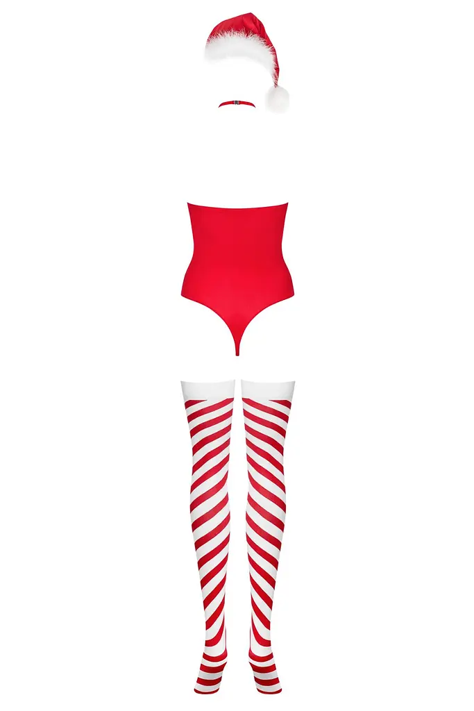 Тедді Obsessive Kissmas teddy, S/M, червоне, без бретелей, чокер, панчохи та шапка з помпоном у наборі - фото 4