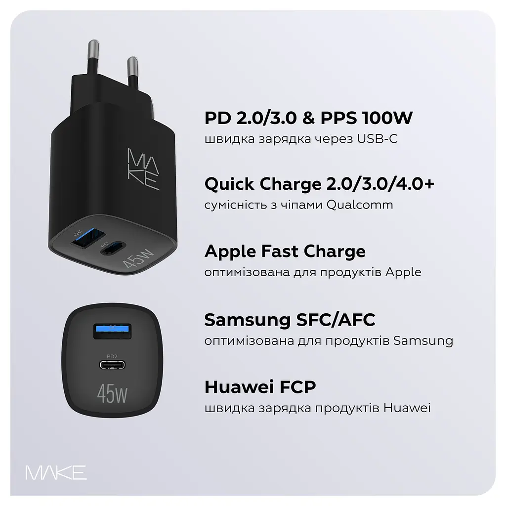 Зарядний пристрій мережевий MAKE 45W GaN3 Mini Type-C PD + USB QC4.0 Black - фото 2