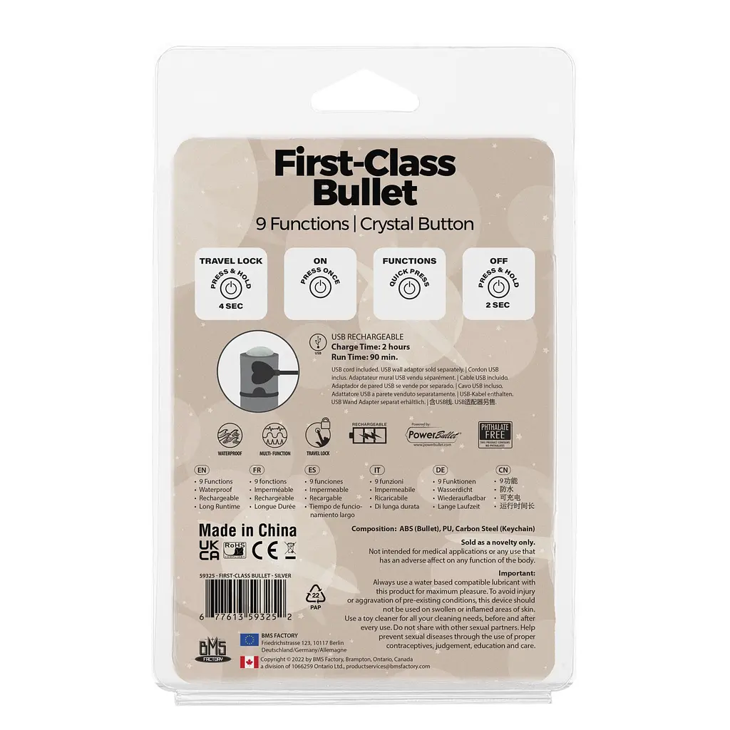 Віброкуля PowerBullet First-Class Bullet 2.5″ with Key Chain Pouch, Silver, 9 режимів вібрації - фото 7