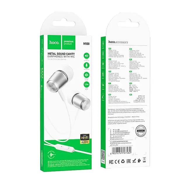 Провідні вакуумні навушники Hoco M108 Spring metal universal earphones with mic, 3.5mm, 1.2m, silver - фото 4