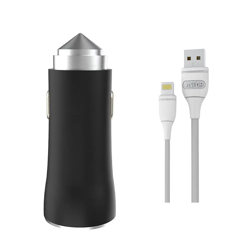 Автомобільний зарядний пристрій Aspor A918 Metal LED (2USB/3.4A) + кабель USB – Lightning- чорний