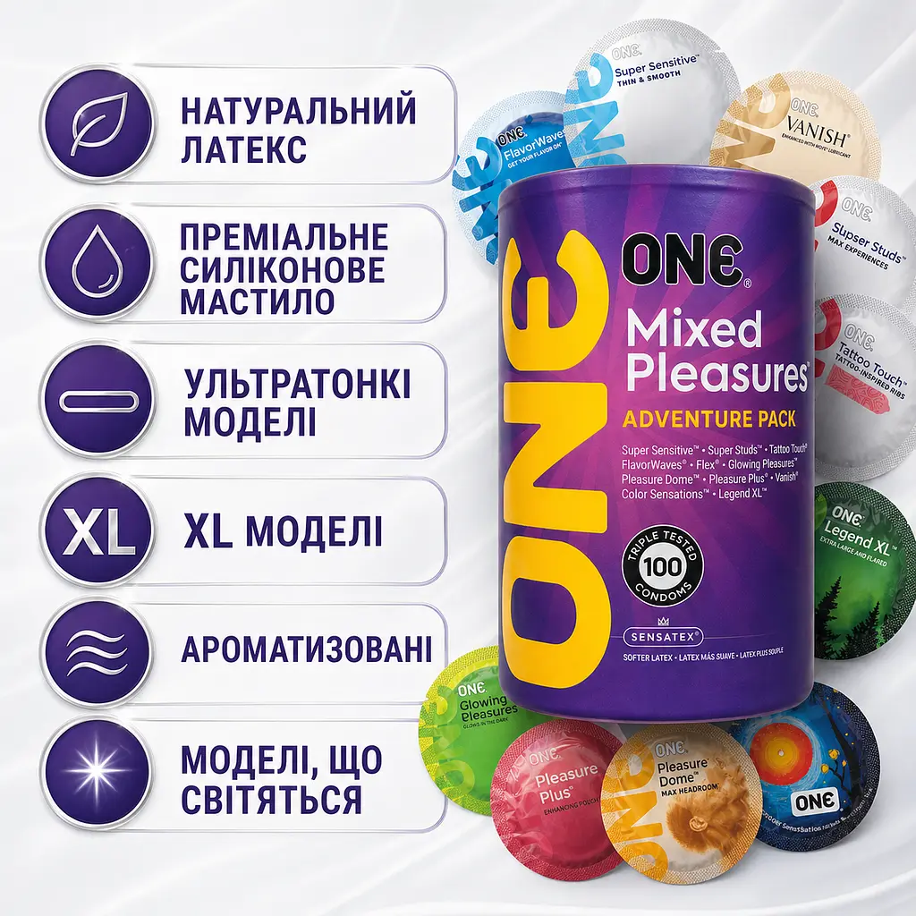 Презервативи ONE Mixed Pleasures 100 ШТУК, мікс презервативів різних видів, ультратонкі, ребристі, ароматизовані, XL - фото 4