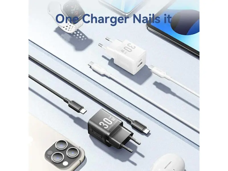 Мережевий зарядний пристрій Vention GaN III 30 W Type-C cable Black (TZ-FEQB0-EU-01) - фото 3