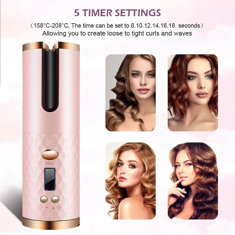 Бездротова автоматична плойка UKC Hair Curler, що обертається, з акумулятором 5200мАч Рожевий - фото 8