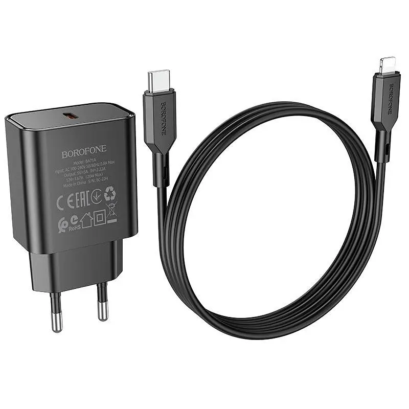 Адаптер сетевой BOROFONE Type-C to Lightning Cable Power single port charger set BA71A черный набор - фото 2
