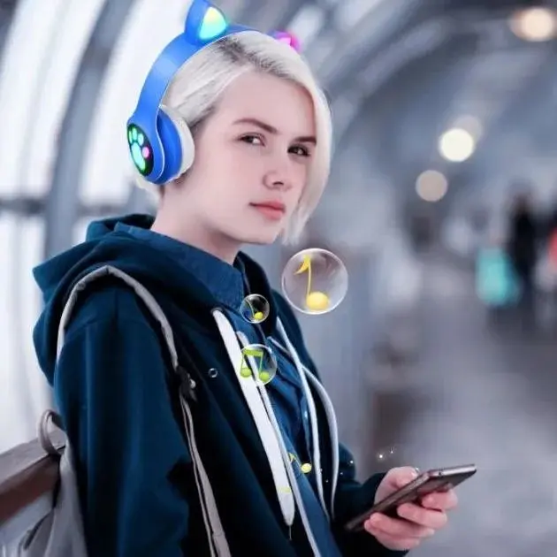 Навушники бездротові Cat ear VZV-24M Bluetooth з різнокольоровим LED підсвічуванням та котячими вушками Сині - фото 4