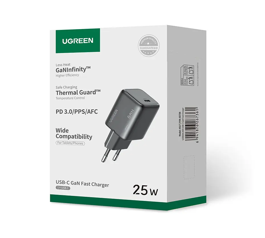 Мережевий зарядний пристрій з кабелем UGREEN X517 25W USB-C GaN Fast Charger Set EU+1M CC Cable чорний - фото 2