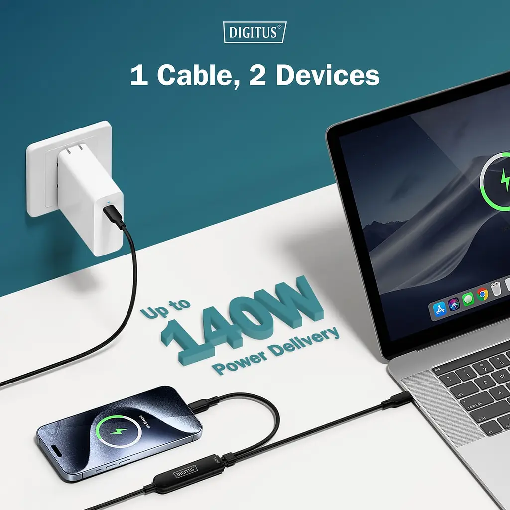 Кабель Digitus USB-C > 2xUSB-C заряджання/синхронізації, USB 2.0, 140W teh0025055 - фото 7
