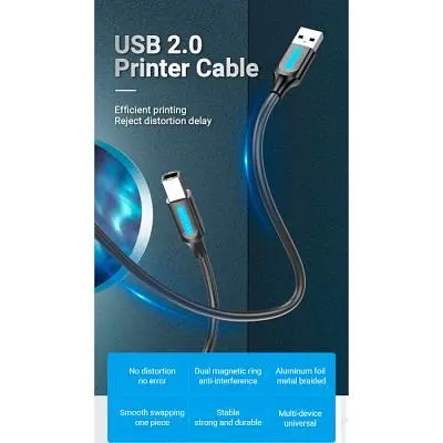 Кабель для принтера USB 2.0 AM/BM 2.0m 480Mbps PVC black Vention (COQBH) - фото 2