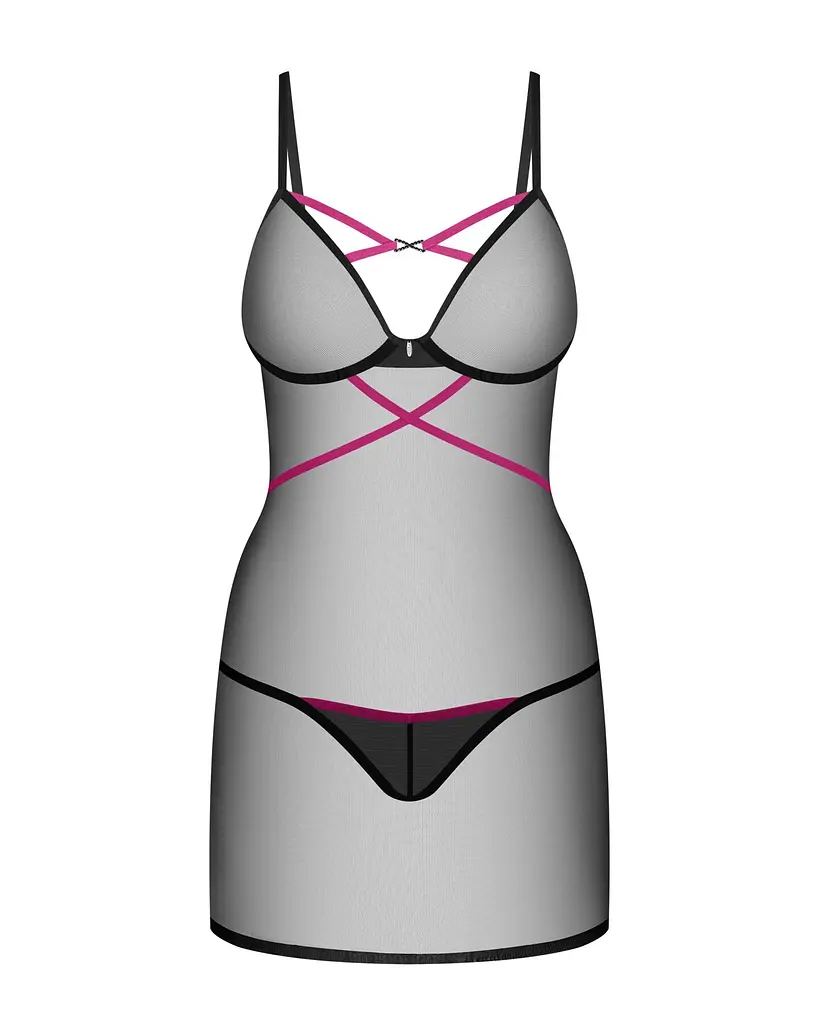 Пеньюар Obsessive Novenes chemise & thong, M/L, обтислий, прозорий, зі стрепами, стрінги в комплекті - фото 4