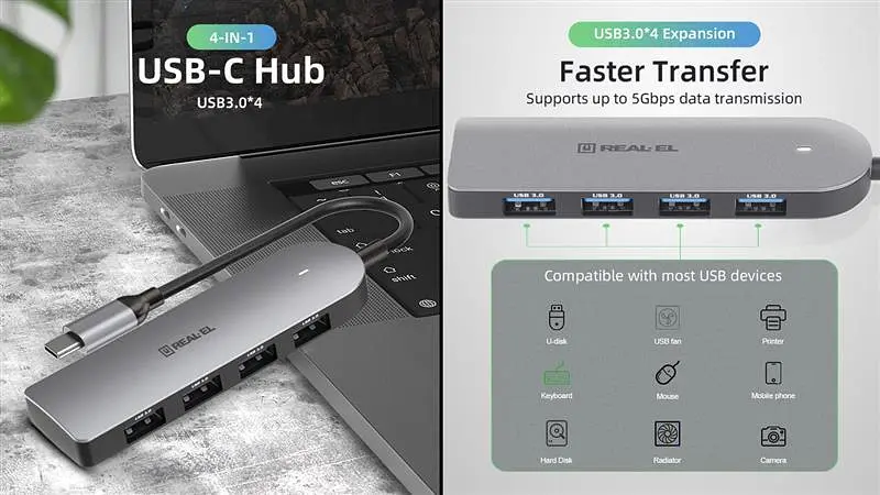 USB-хаб Real-el CQ-415 USB Type-C 4-в-1 - фото 7