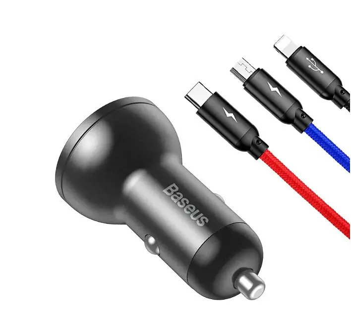 Автомобільний зарядний пристрій BASEUS TZCCBX-0G 2USB кабель Lightning/Micro/Type-C 24W 4.8A + вольтметр - фото 3