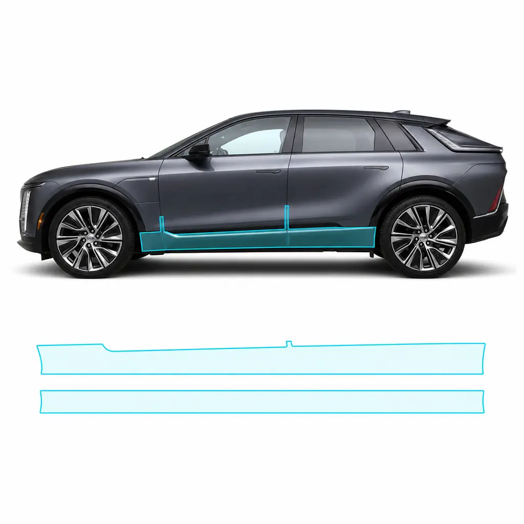 Антигравійна захисна бронеплівка за лекалами для Cadillac Lyriq EV 2022- нижня зона кузова пороги