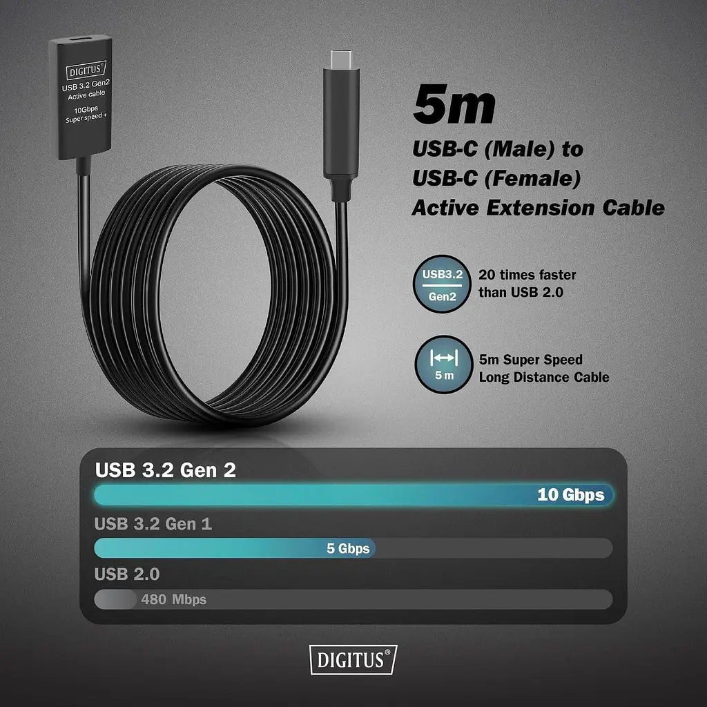 Подовжувач Digitus USB 3.2 Gen2 Active Cable 10G, C/M-C/F, 5м, чорний teh0013732 - фото 5
