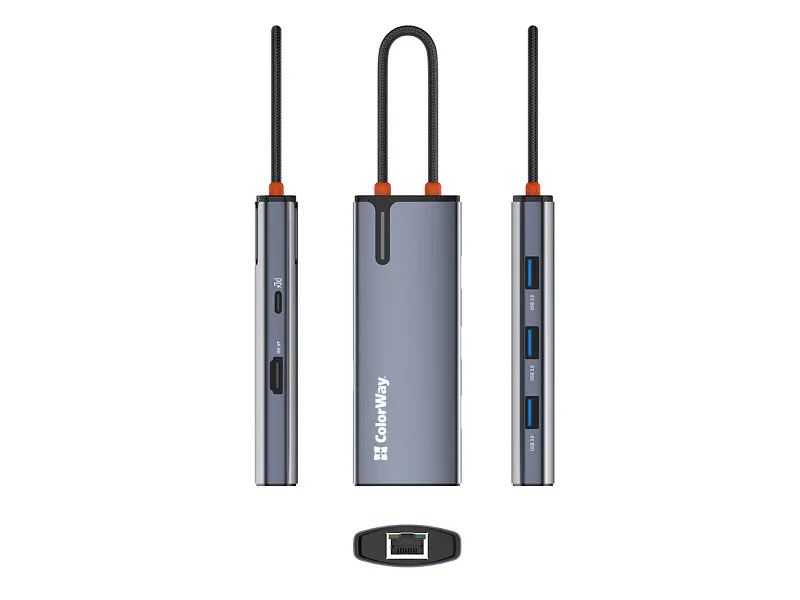 Мультипортовий адаптер ColorWay USB-C to 3xUSB-A 3.0 HDMI 4K RJ-45 USB-C PD 100W Dark Grey (CW-HUB02) - фото 7
