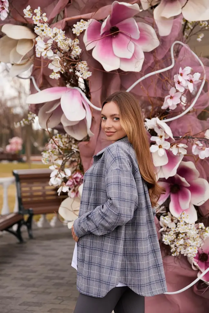 Женская рубашка для беременных стиля oversize в клетку для будущих мам Siena S - М (42 - 44) Lullababe серый - фото 2