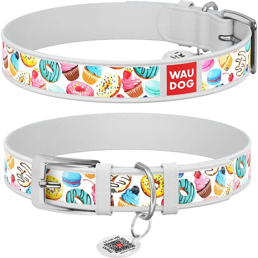 Ошейник для собак Waudog Design Пончики, кожаный, с QR паспортом, 30-39х2 см, белый - фото 4