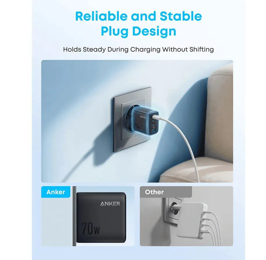 Зарядний пристрій Anker A121-CG11 GAN Charger 70 W, 3xUSB-C, 1xUSB-A, Black - фото 3