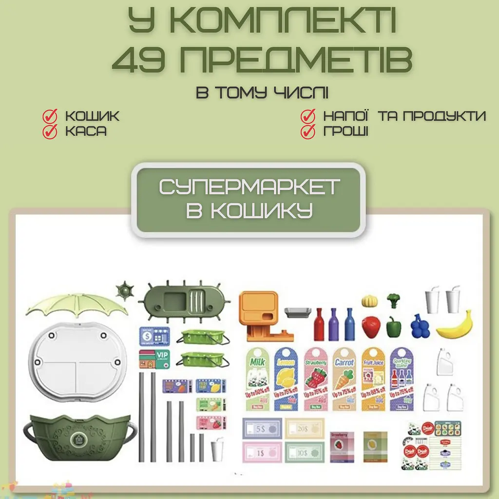 Дитячий переносний супермаркет з продуктами складаний 49 предметів 2в1 Combuy det0018984 - фото 3