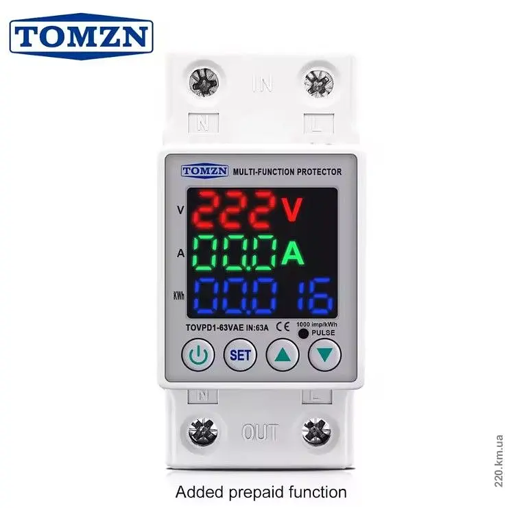 Цифрове реле контролю напруги та струму з лічильником TOMZN TOVPD1-63VAE 63A кольоровий дисплей (19607) - фото 2