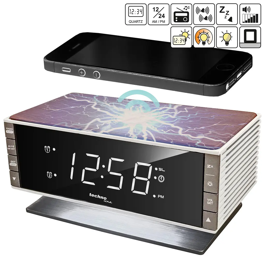 Годинник настільний з радіо Technoline WT487 Wireless Mobile Charging White/Brown (WT487), Білий - фото 5