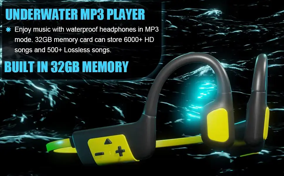 Кісткові навушники для плавання та спорту ESON K12 з 32 ГБ з MP3-плеєром та Bluetooth 5.3 чорно-жовтий - фото 11