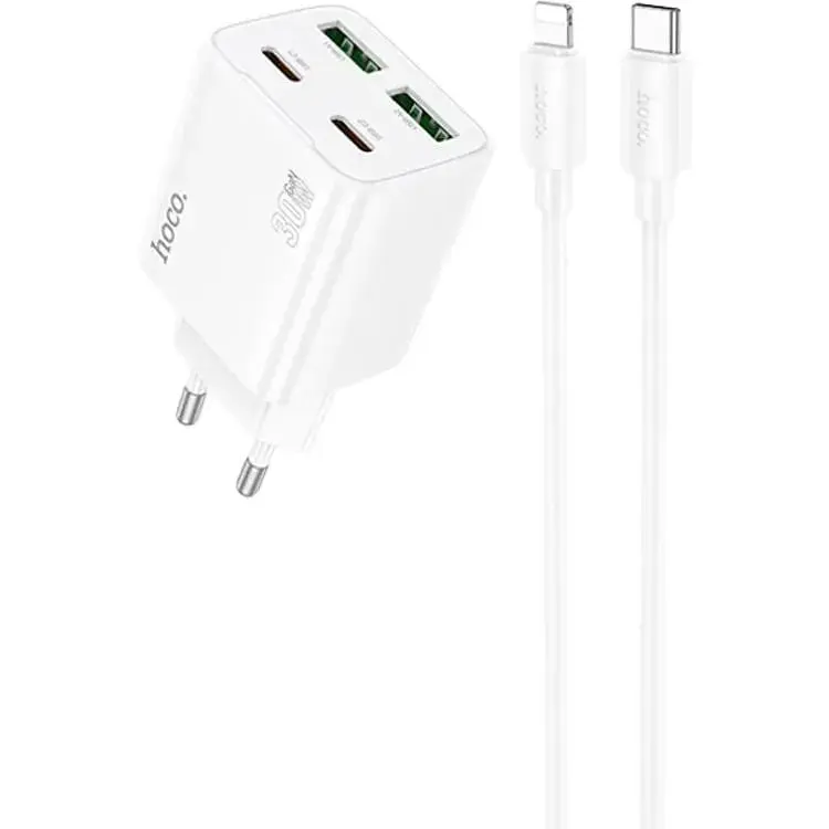 МЗП Hoco N56 Fundador PD30W four-port (2USB-A/2C) + кабель Type-C to Lightning White