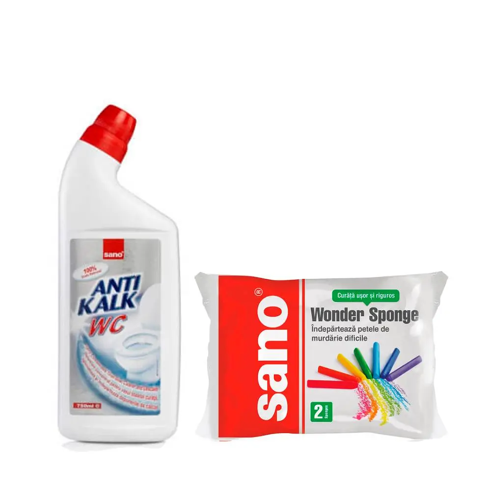 Засіб для чищення унітазів Sano Anti Kalk WC 750 мл & Багатофункціональна губка Sano Wonder (2 шт) (287621, 991570)