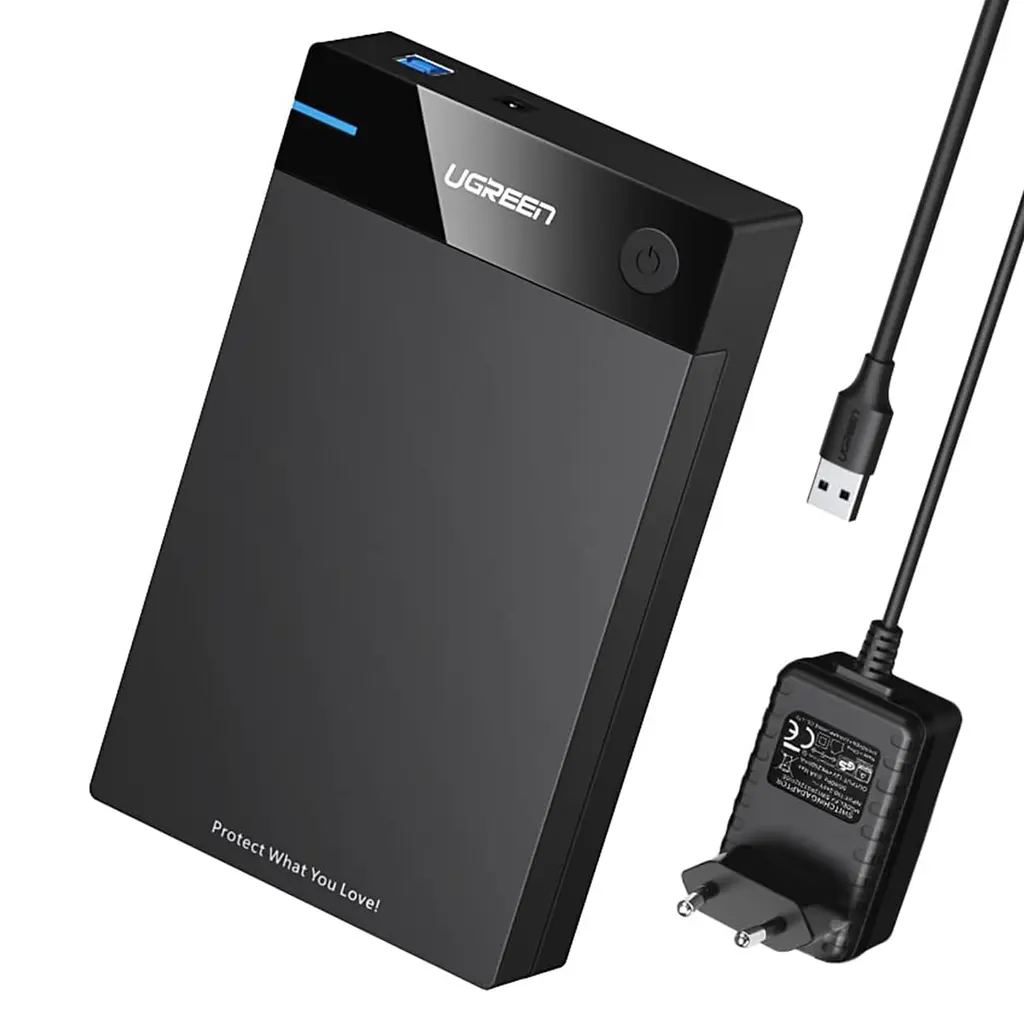Зовнішній корпус для HDD/SSD UGREEN US222 3,5″ та 2,5″ бокс для накопичувачів SATA III підключення до ПК через USB 3.0 Type-B до 5 Гбіт/с для дисків до 16 ТБ висота диска 3,5″ до 26 мм та 2,5″ до 9,5 мм з підтримкою UASP з кнопкою ввімкнення та вимкнення з автоматичним режимом сну зі світлодіодним індикатором роботи встановлення диска без інструментів з адаптером живлення в комплекті з кабелем USB-A ↔ USB-B 3.0 довжиною 1 м чорний із синім акцентом (50422)