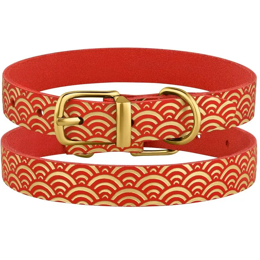Ошейник для собак BronzeDog Barksi Classic Море кожаный одинарный с золотым тиснением 33-43х2 см красный - фото 4