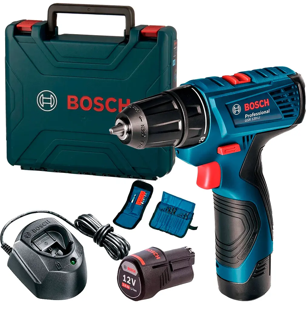 Акумуляторний дриль-шурупокрут Bosch GSR 120-LI Professional в чемодані з 2 акб GBA 12V 2 Ah, з/п GAL 1210 CV, набором 10 біт та набором 12 свердел