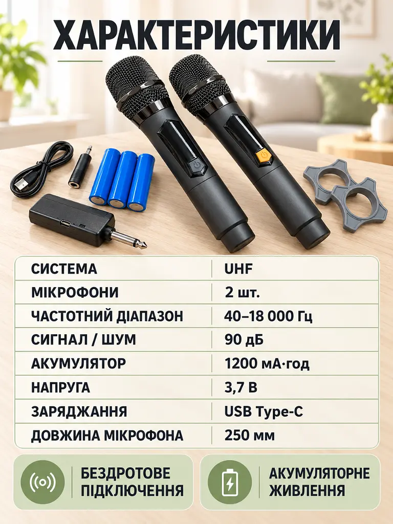 Акумуляторні бездротові мікрофони UHF 2 шт із приймачем для караоке чорні (37261121) - фото 6