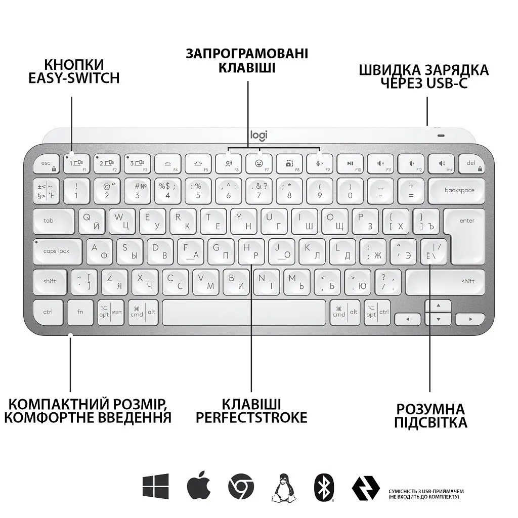 Клавіатура Logitech MX Keys Mini Wireless Illuminated UA Pale Grey (920-010499) - фото 6