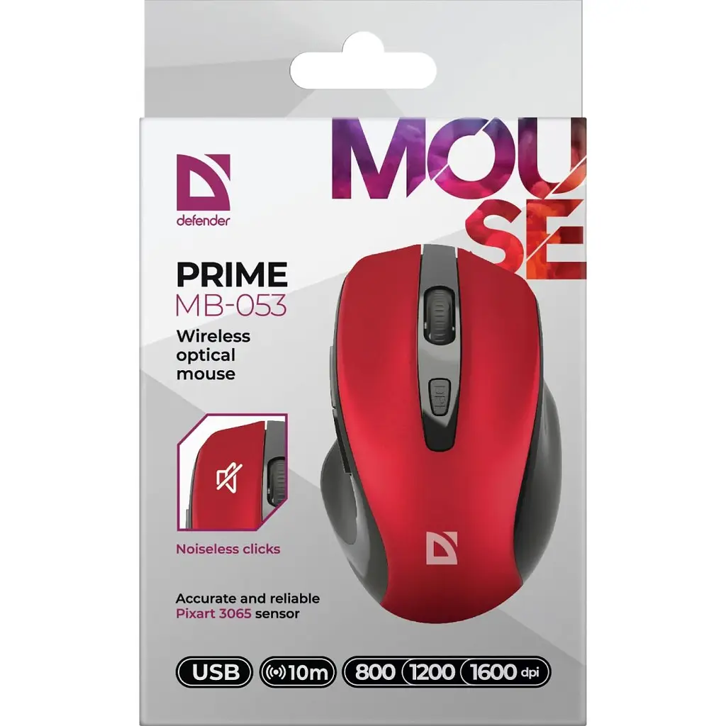 Компьютерная мышка Defender Prime MB-053 беспроводная 6 кн. до 1600 dpi бесшумная красная (52052) - фото 3