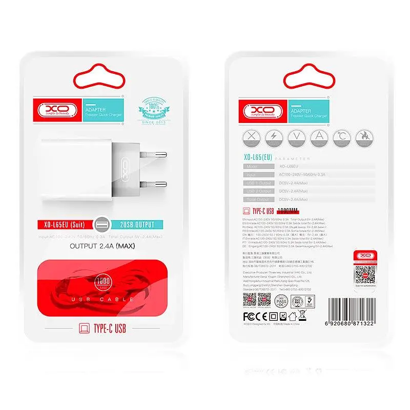 Адаптер мережний XO Type-C Cable Dual USB charger L65 |2USB, 2.4A| - фото 2