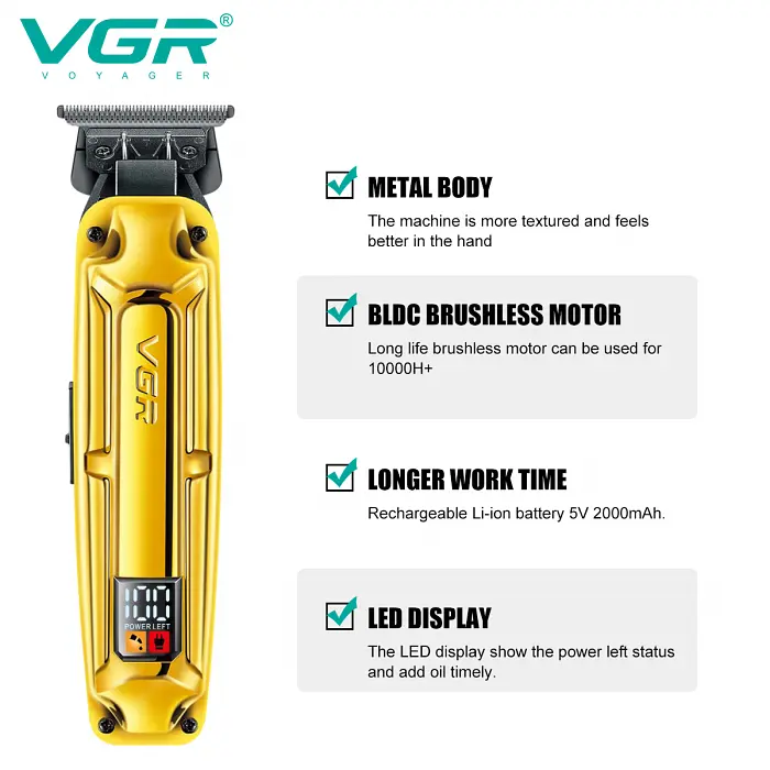 Акумуляторна машинка для стрижки VGR V-904 GOLD, 4 насадки, 2000 mAh, LED display дисплей - фото 4