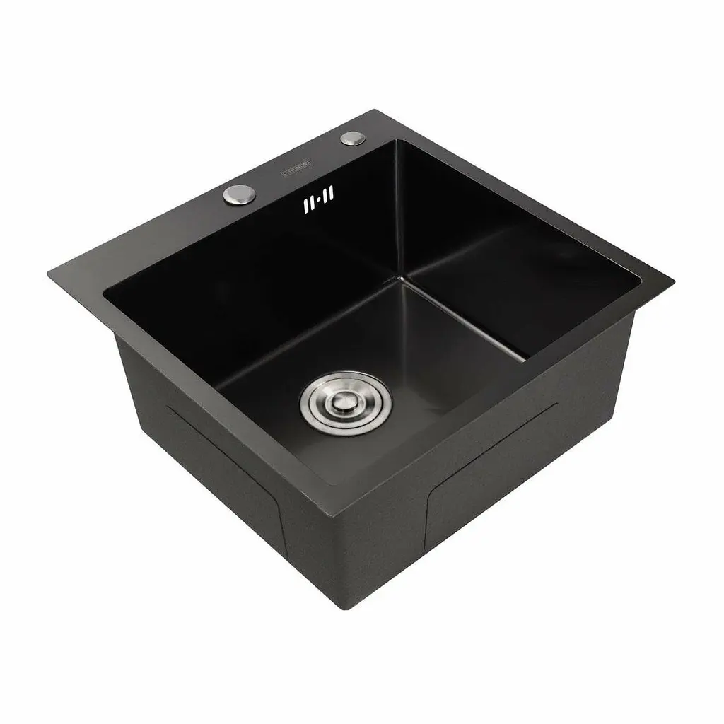 Кухонна мийка Platinum Handmade 50x50 PVD чорна (сифон круглий чорний 3.0/0.8) - фото 2