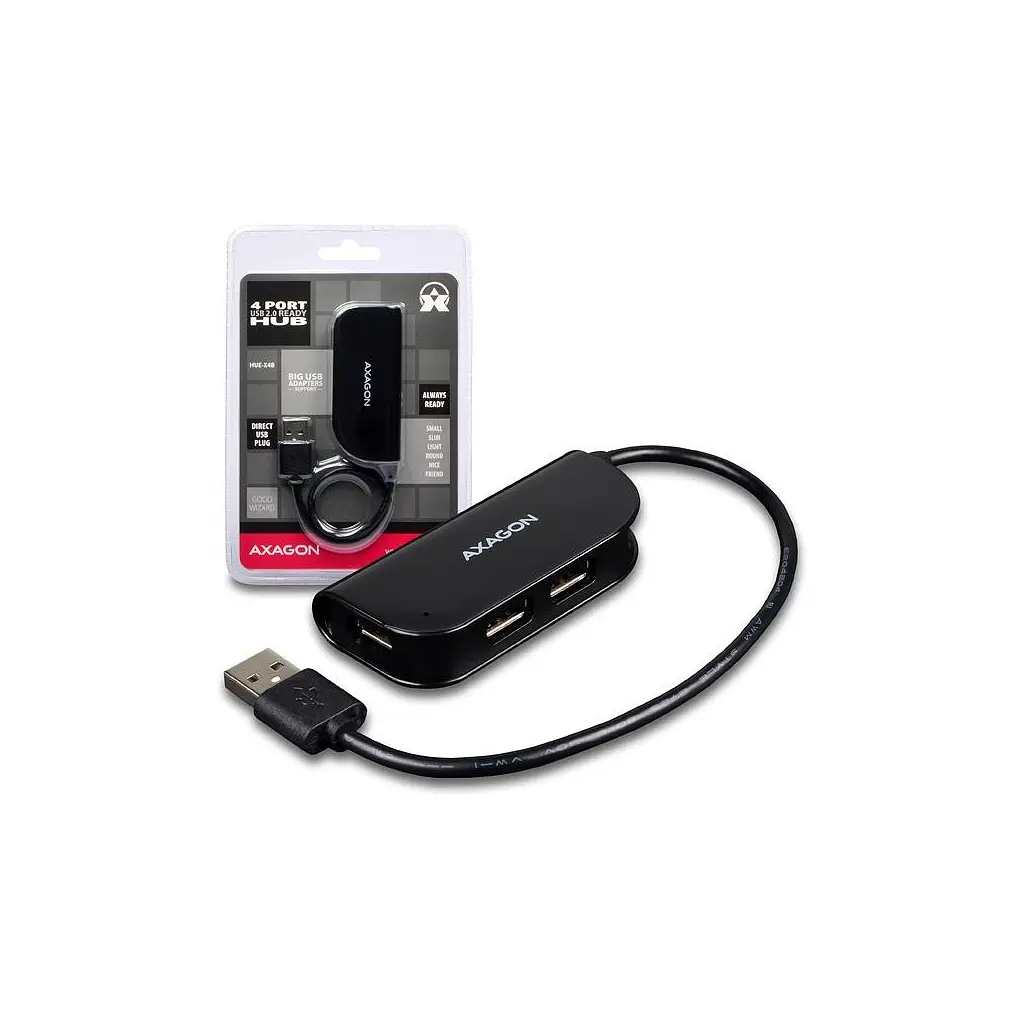 Концентратор AXAGON USB 2.0 to 4xUSB 2.0 0.2m black (HUE-X4B) - фото 2