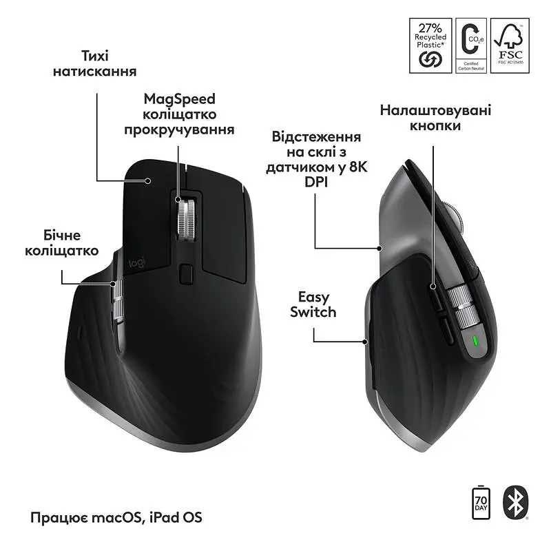 Комплект (клавіатура, миша) бездротовий Logitech MX Keys S Combo for Mac Space Grey (920-012845) - фото 6