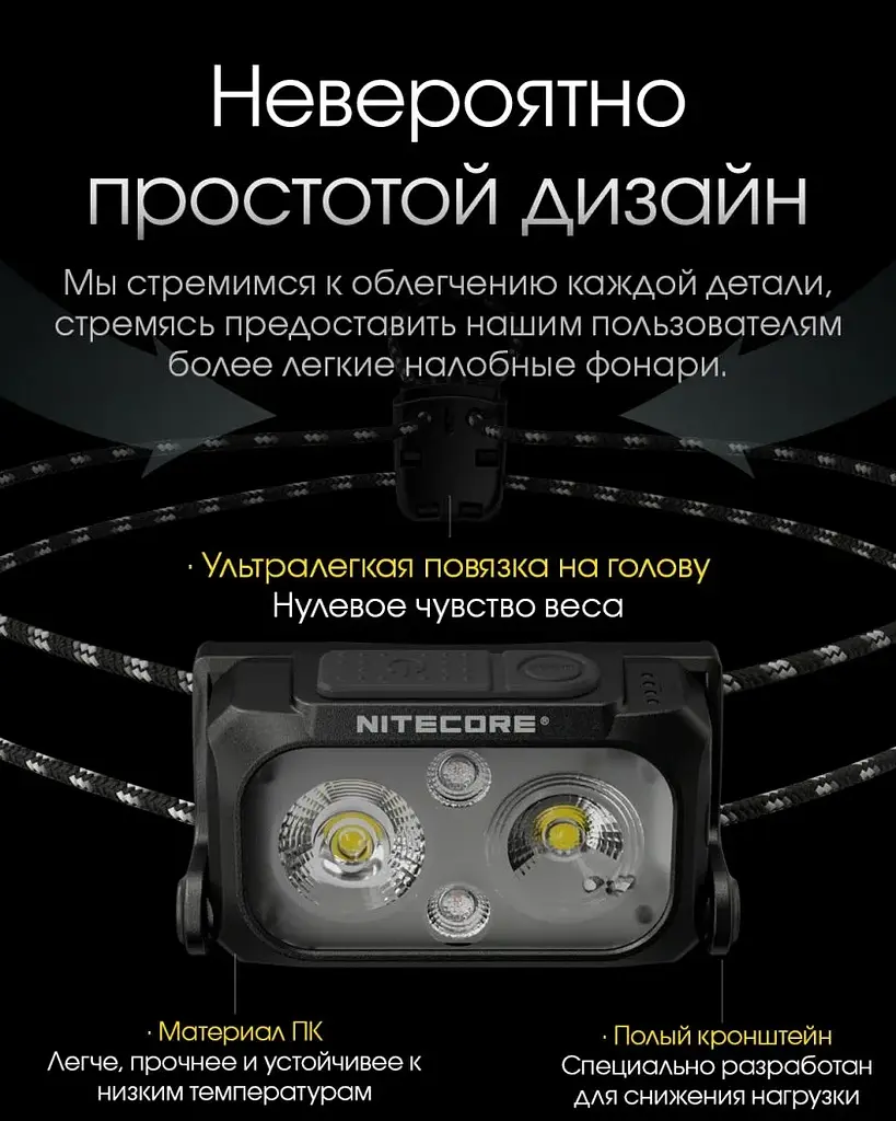 Налобний легкий ліхтарик Nitecore NU25 UL New з білим та червоним світлом (Чорний) - фото 8