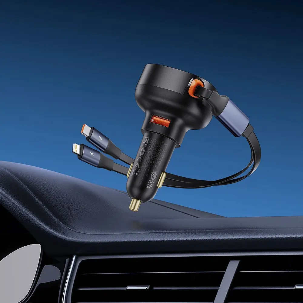 АЗП Baseus Enjoyment Pro 60W (USB) + Retractable Type-C+Lightning Cables - фото 3