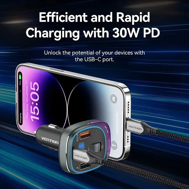 Автомобільний FM-трансмітер Vention PD 54W 3-Port USB (C+A+A) LED/USB Flash/Bluetooth, вольтметр - фото 9