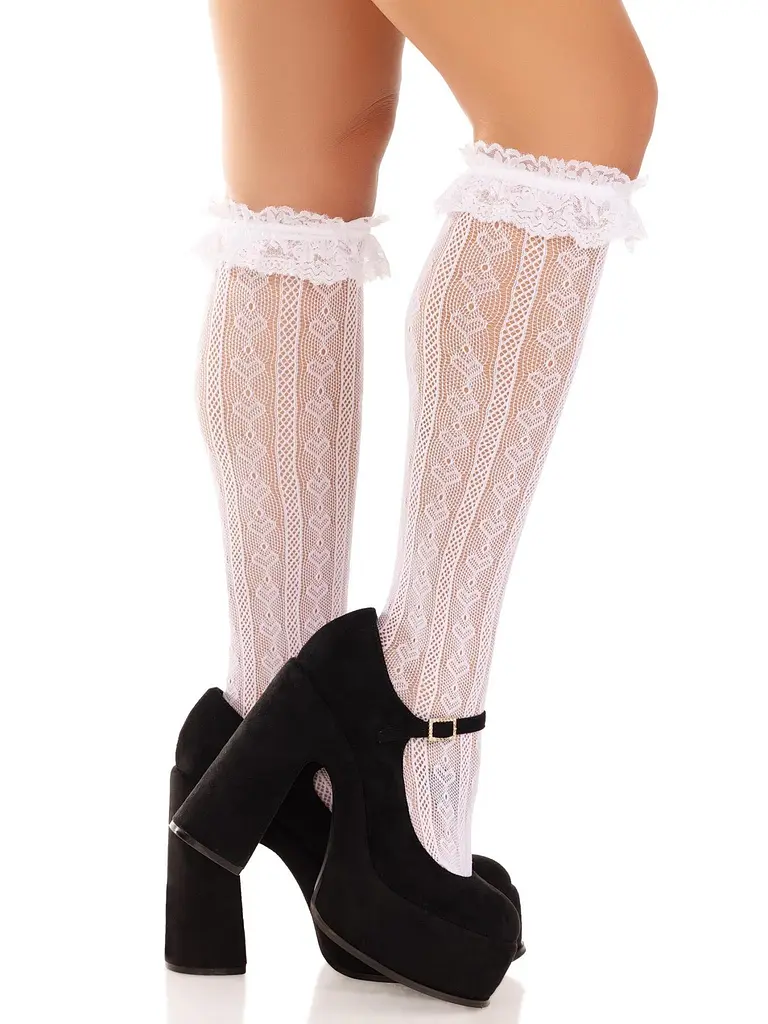Гольфи ажурні Leg Avenue Sweetheart Ruffle Cuff Knee Highs, білі, малюнок-сердечка - фото 2