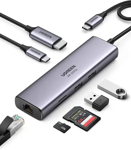 Хаб USB Ugreen CM512 Type-C 3.1 to 2xUSB 3.0, HDMI 4K, GLan, SD/TF (90568)