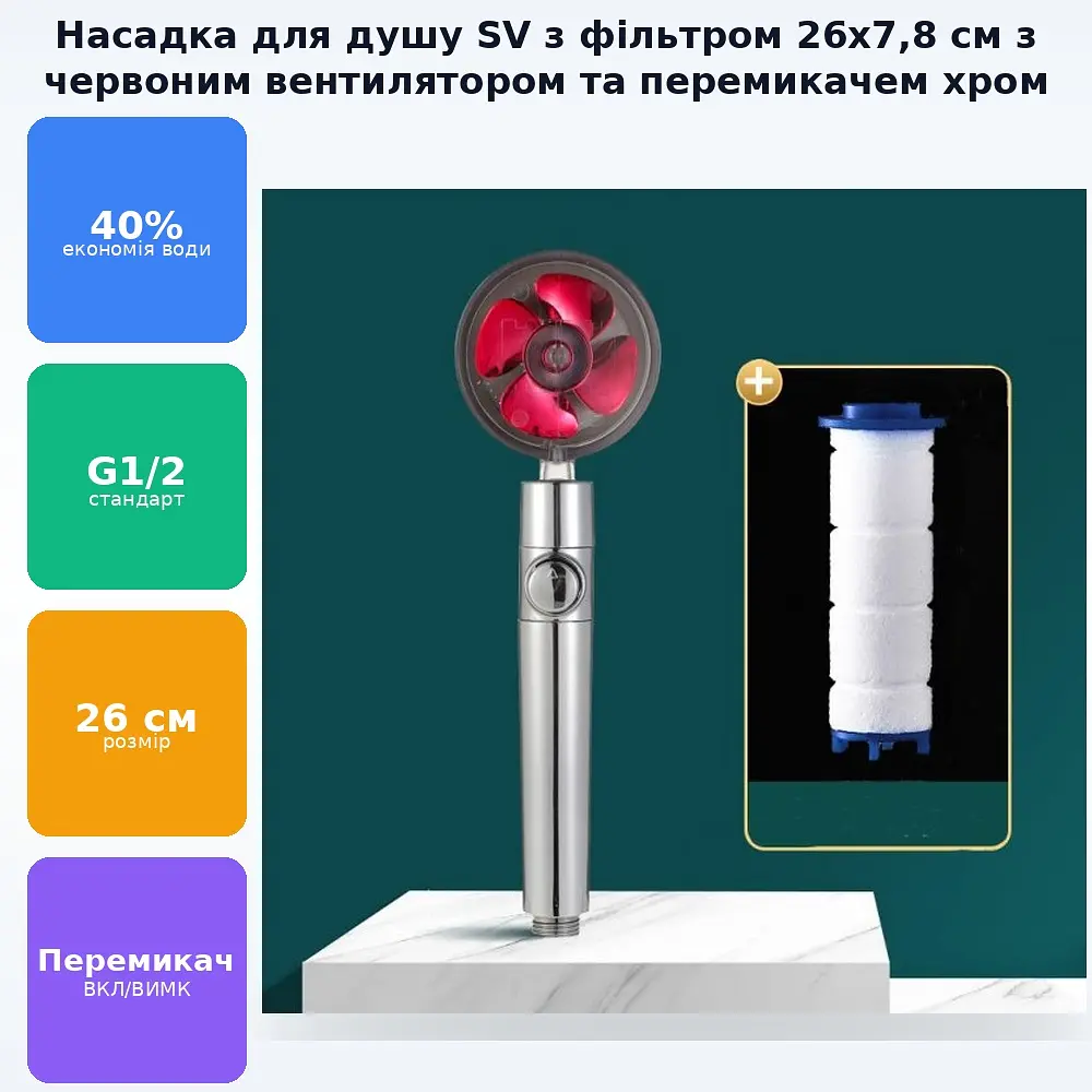 Насадка для душу з фільтром SV з червоним вентилятором, лійка 26х7,8 см прозора\хром - фото 3
