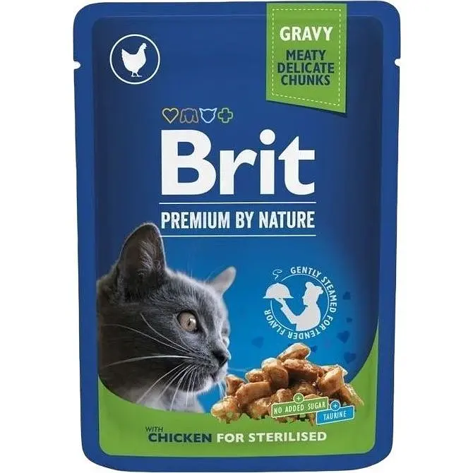 Вологий корм Brit Premium Cat Pouch для стерилізованих котів з куркою 100 г