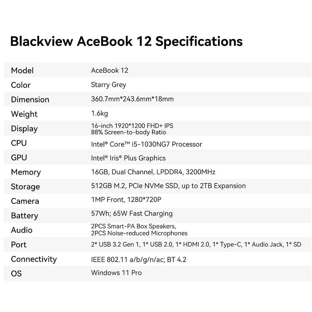 Ноутбук Blackview Acebook 12,i5-1030NG7,16GB+512GB,Windows 11 Pro,+,36GHz,HDMI 2.0,Bluetooth,USB 3.0 - фото 10