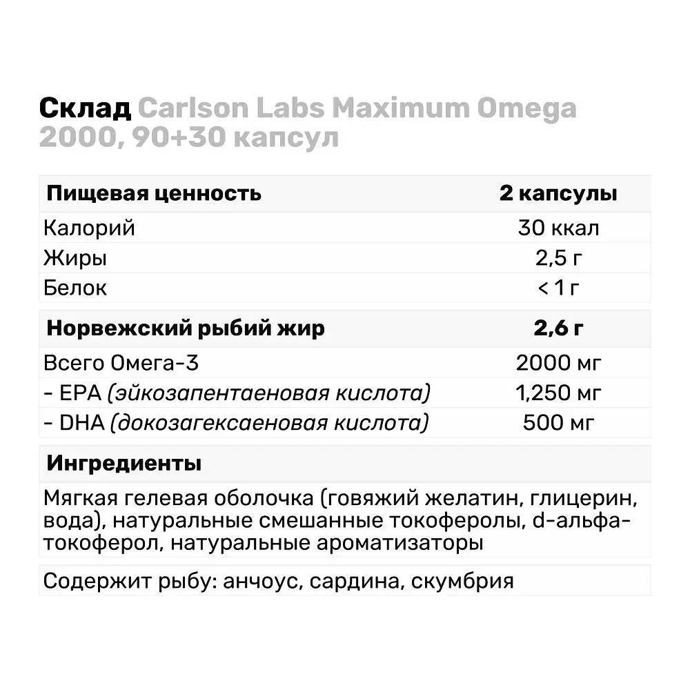 Жирные кислоты Carlson Labs Maximum Omega 2000 mg, 90+30 капсул - фото 3