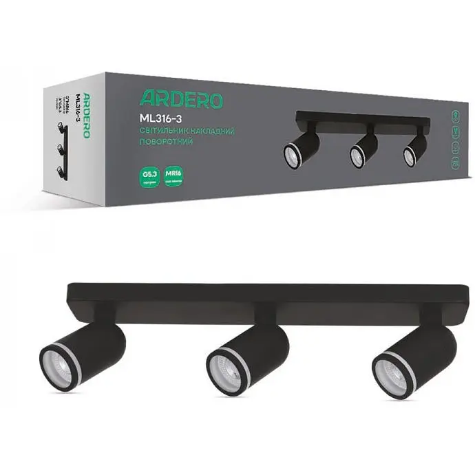Светильник накладной Ardero ML316-3MR16 G5.3 тройной поворотный черный (80209) - фото 2